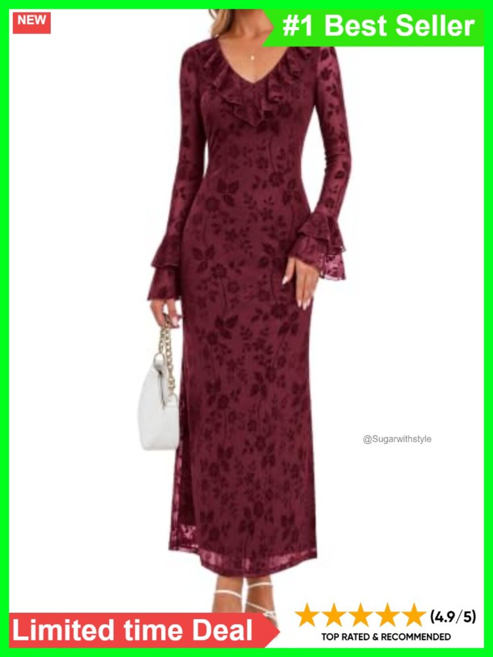 Long Sleeve Bodycon Maxi Dress Floral Mesh Ruffle V-Neck Wedding Guest